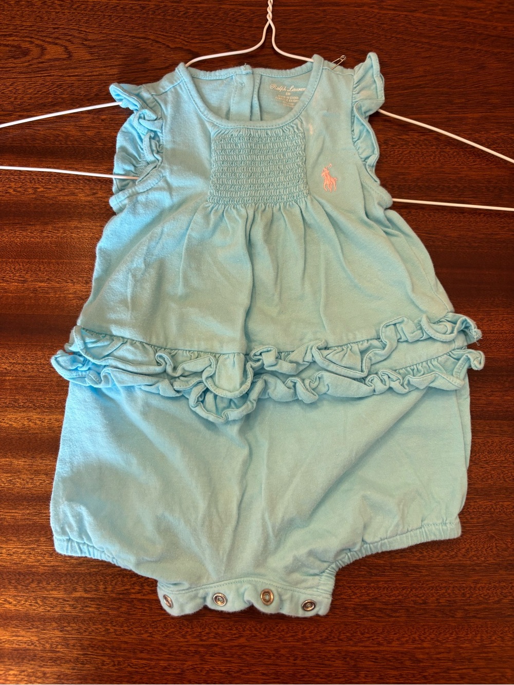 Ralph Lauren Light Blue Ruffle Baby Romper Bubble with Pink Pony